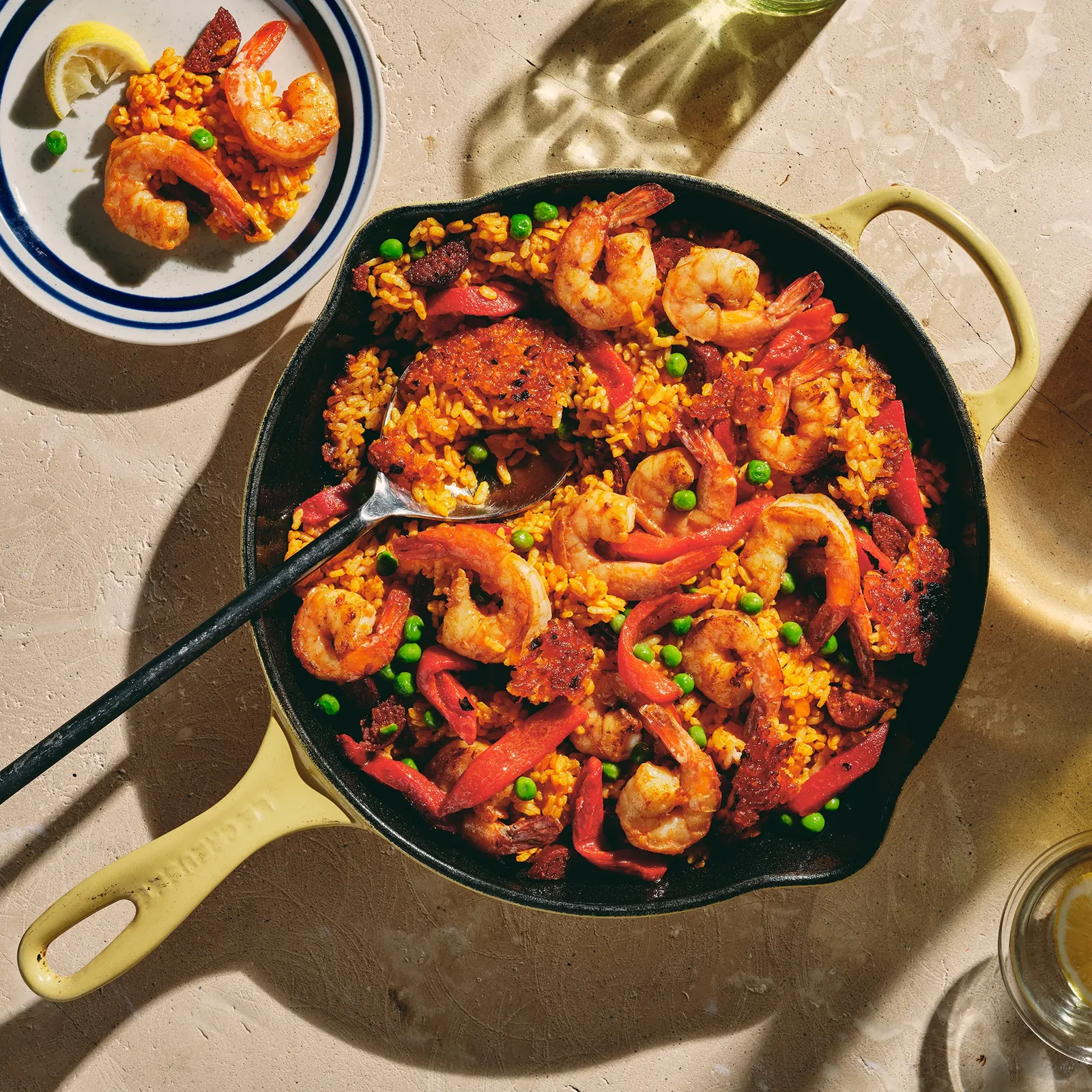 A shared rice and prawn dish